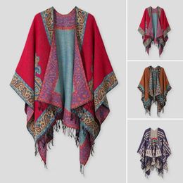 Écharpes Écharpe par temps froid Vintage Imprimer Gland Ourlet irrégulier Cape Poncho Géométrique Contraste Couleur Imitation Cachemire Automne