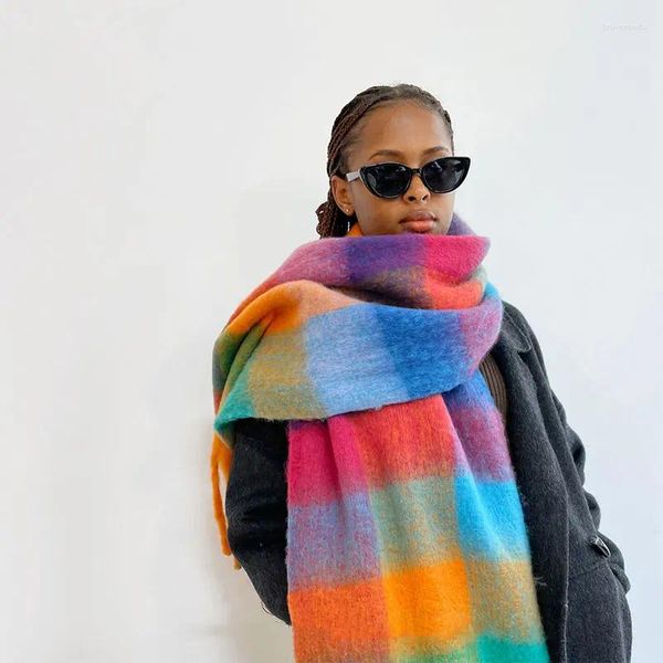 Bufandas coloridas bufanda a cuadros mujeres invierno mohair engrosado cálido largo calor cosecha chal femenino neckerchie mullido a prueba de frío