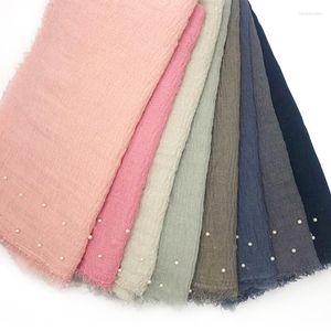 Foulards arrivée transfrontalière coton et lin couleur unie frange perle écharpe femme été mince couvre-chef 55 couleurs en option