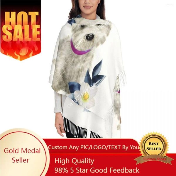 Foulards personnalisés Westie et fleurs écharpe enveloppement pour femmes long hiver automne chaud gland châle unisexe West Highland White Terrier chien