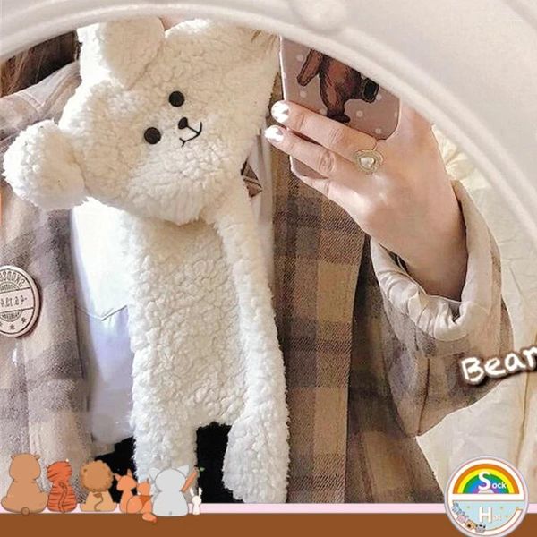 Écharpes Mignon Ours En Peluche Écharpe Pour Femmes Hiver Chaud Agneau Avec Oreilles Filles Épaissi Fluffy Kawaii Dessin Animé T143