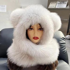Sjaals schattige beer echte bont sjaal alles-in-één sneeuwpet dames dual-gebruik hoed buiten warme kap