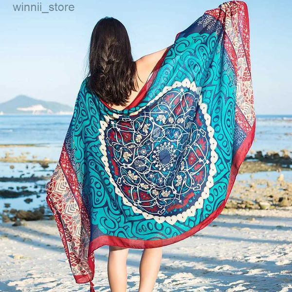 Bufandas Diseño Marca Mujeres Bufanda Protector solar Mantones de algodón Doble uso Verano Otoño Bufandas largas Playa Vacaciones Toalla de playa Ropa de playa VelosL231120