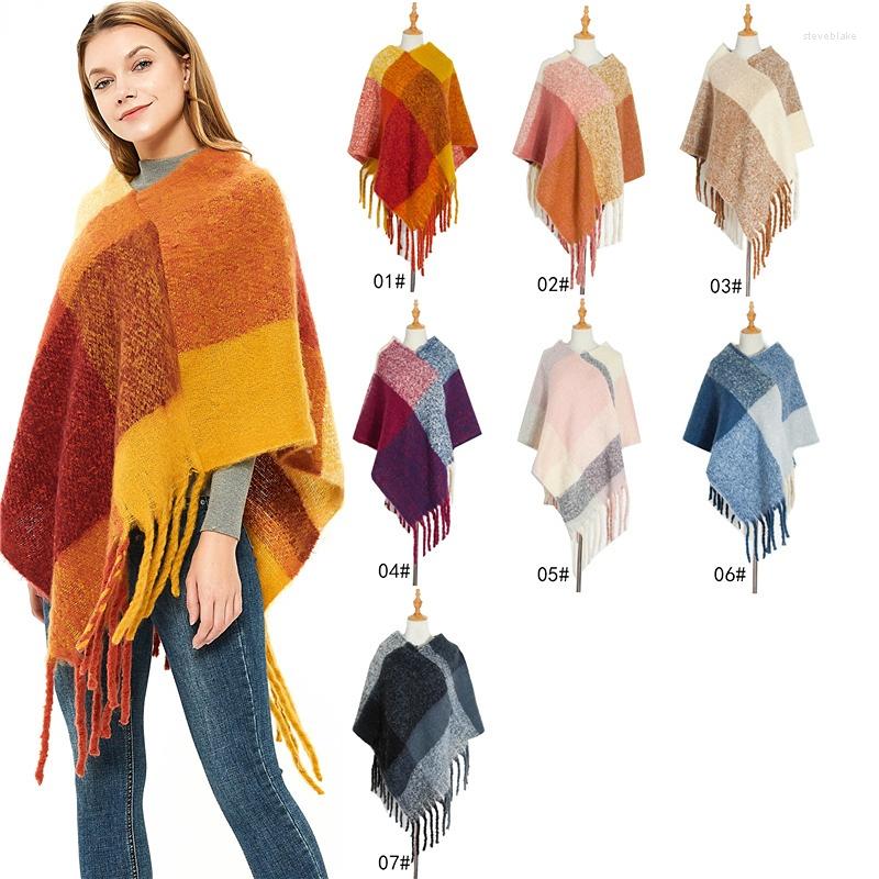 スカーフデザイナーの女性ウィンター格子縞のポンチョスクエアパシュミナバンダナカシミア厚い毛布ニット温かい柔らかいショールとラップ