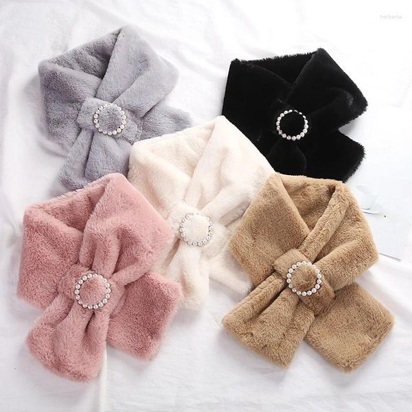 Foulards Double face cou chaud châle fausse fourrure col perle bouton croix peluche écharpe femme hiver épais protecteur