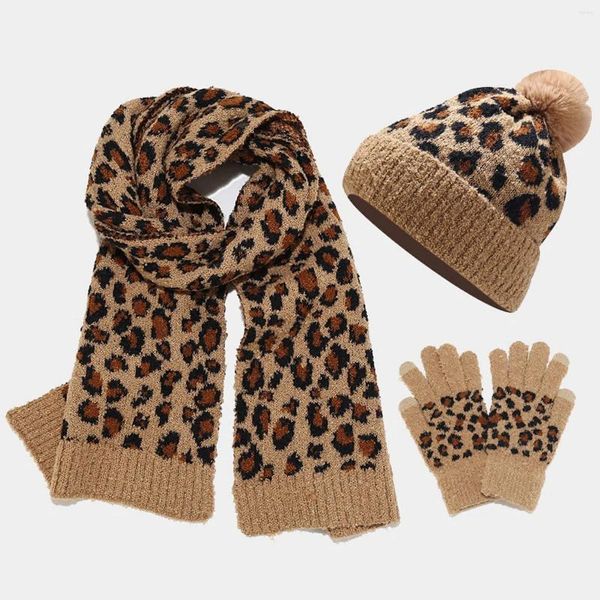 Bufandas Elegante Leopardo Impreso Bufanda Sombrero y guantes Conjuntos de mujer Furry Knitting Mittens Set Otoño Invierno Gorro cálido