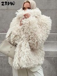 Écharpes élégantes col rabattu femme manteau chaud mode solide épaissir fourrure pour femmes hiver manches longues dames laine d'agneau 231218