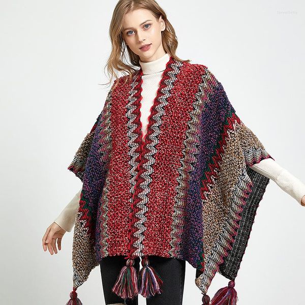 Bufandas capa étnica viaje patrón bohemio bufanda borla mujeres espesado cálido Retro primavera cárdigan abrigo Ponchos y capas