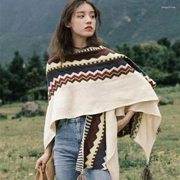 Foulards Style Ethnique Frangé Rayé Châle Femmes Polyvalent Beige Tourisme Porter Cape Tibet Automne À L'extérieur