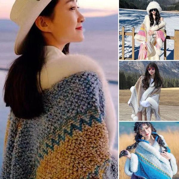 Écharpes Style ethnique Poncho mongol hiver chaud rayé peluche tricot enveloppes laine artificielle cardigan gland châle femme mode