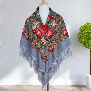 Foulards Style ethnique rétro femmes châle écharpe avec gland fleur imprimé carré frangé tête enveloppement pour l'automne hiver