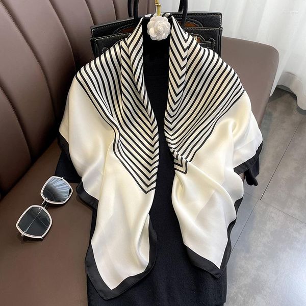 Bufandas Moda 90 cm Bufanda de seda de imitación Japonés y coreano Simple rayado Cuadrado grande Estilo Ins Mantón multifuncional