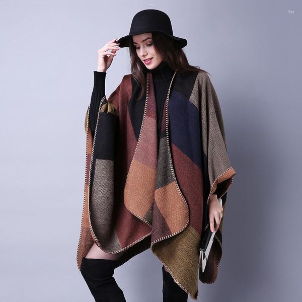 Bufandas Moda Otoño Invierno Mujer Geométrica Borla Botón Mantón Cálido Grueso Tamaño grande Chicas Fama Estilo Poncho suelto