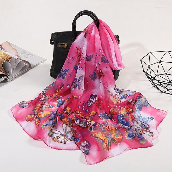 Foulards mode papillon imprimer climatiseur foulard en soie femmes été mince longue en mousseline de soie transparente serviette de plage crème solaire châle R43