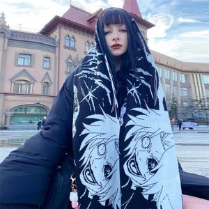 Sjaals Mode creatieve Japanse Anime gestreepte gebreide damessjaal heren wintersjaal schort zwarte kwast lichtgevende Y2K Kpop Goth 231017