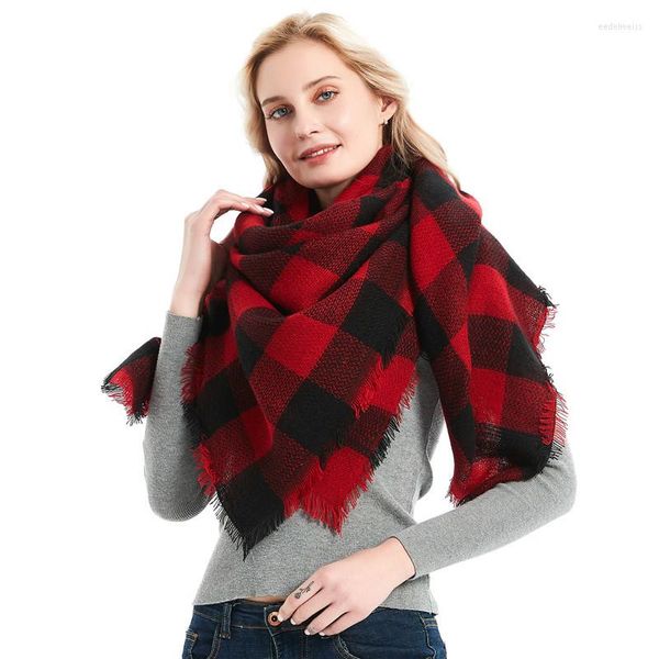 Foulards Mode Européenne Et Américaine Automne Hiver Femmes Rouge Noir Plaid Carré Écharpe Jh42