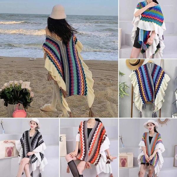 Bufandas Moda Mongol Poncho Estilo étnico de las mujeres Cabo de punto Cardigan Borla Mantón Abrigo Superposiciones Volante Tejer Wraps