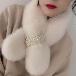 Foulards Mode Perle Boucle Croix Écharpe Pour Femmes Filles En Peluche Hiver Chaud Cou Chaud Élégant Fausse Fourrure Col Dames Snood