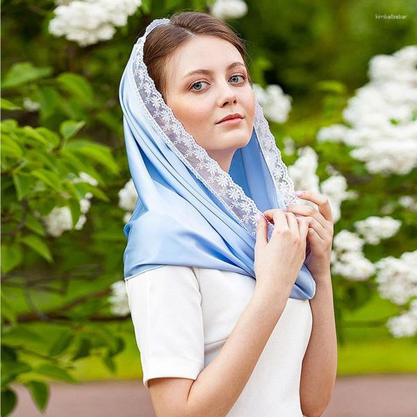 Foulards Mode Satin Dentelle Head Cover Femmes Voile Hijab Écharpe Soie Catholique Mantilla À Capuchon Demoiselle D'honneur Bandana