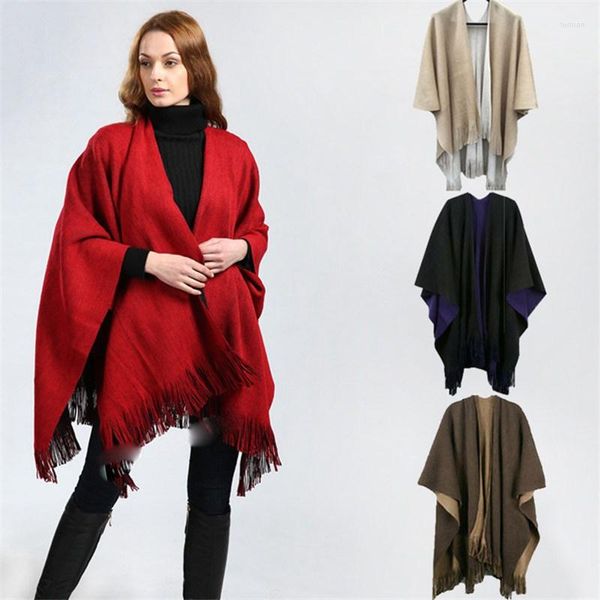 Foulards Mode Simple Tassel Wrap Cape Side Split Hiver Châle Femmes Poncho Dames Écharpe