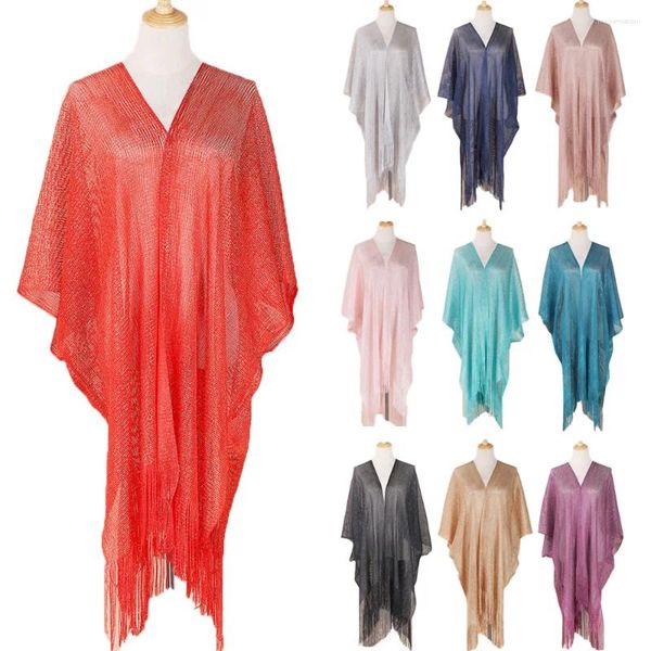 Foulards Mode Solide Glitter Brillant Écharpe Femme Été Mince Longue Maille Gland Wrap Cape Crème Solaire Châle Plage Bikini Cover Up