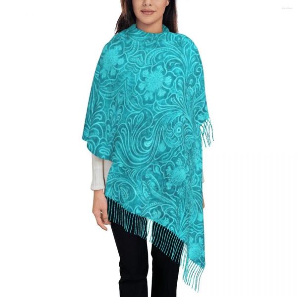 Foulards Mode Turquoise Cuir Texture Look Gland Écharpe Femmes Hiver Chaud Châle Wrap Dames En Relief Motif Floral