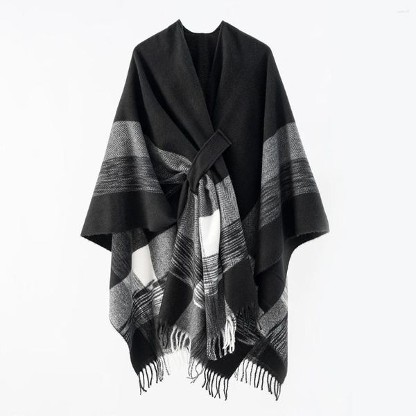 Bufandas Moda Vintage Correa lateral Plaids Imitar Cashmere Cape Shawl Mujeres Primavera Otoño Wraps Outerwear Cloak