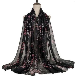 Sjaals Mode Vrouwen Afrikaanse Zwarte Bloemen Viscose Sjaal Lady Print Zachte Voile Sjaals En Wraps Vrouwelijke Foulard Echarpe Designer 180 80Cm