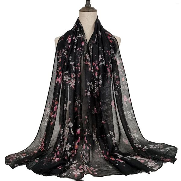 Foulards Mode Femmes Africain Noir Floral Viscose Écharpe Dame Imprimer Voile Doux Châles Et Wraps Femme Foulard Echarpe Designer 180 80Cm