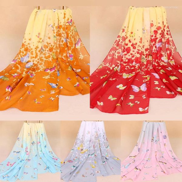 Foulards Mode Femmes Jolie Écharpe Crème Solaire Longue Châle Fée Papillon Imprimé Georgette Été Plage Mince Hijab Tête