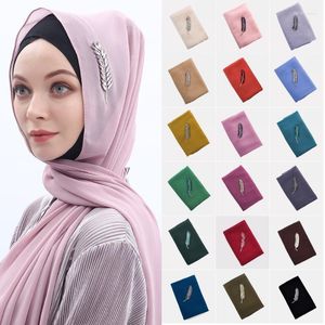Sjaals Modieuze Moslim Dame Chiffon Lange Sjaal Blad Strass Decoratieve Hoofddoek Arabische Hijab Soild Kleur Sjaals Hoofddeksels Tulband