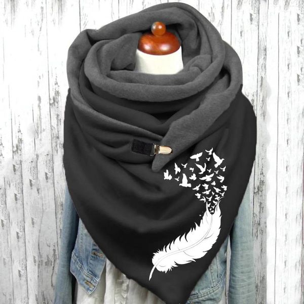 Foulards Plume Imprimer Femmes Écharpe Hijabs Femme Dame Bouton Wrap Multi-usages Châle Chaud Polaire Coupe-Vent Hiver Szaliki