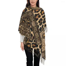 Écharpes femme grande fourrure de léopard avec ornements ethniques femmes hiver doux chaud gland châle enveloppes tribal africain animal écharpe