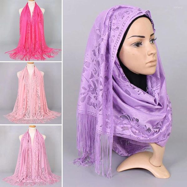 Foulards Floral Fleur Gland Mince Femmes Musulmanes Hijabs Longue Frange Foulard Creux Dentelle Brodée Turban Accessoires De Mode