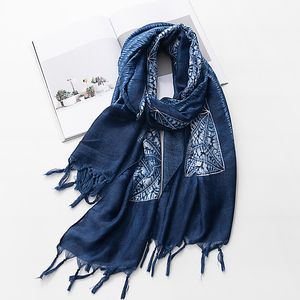 Des écharpes pour les femmes au printemps et à l'automne, à la cravate mixte en coton mince teint, à l'imitation teinte en bleu, à la cire teinte, à un cadeau de poche artistique et touristique, ret