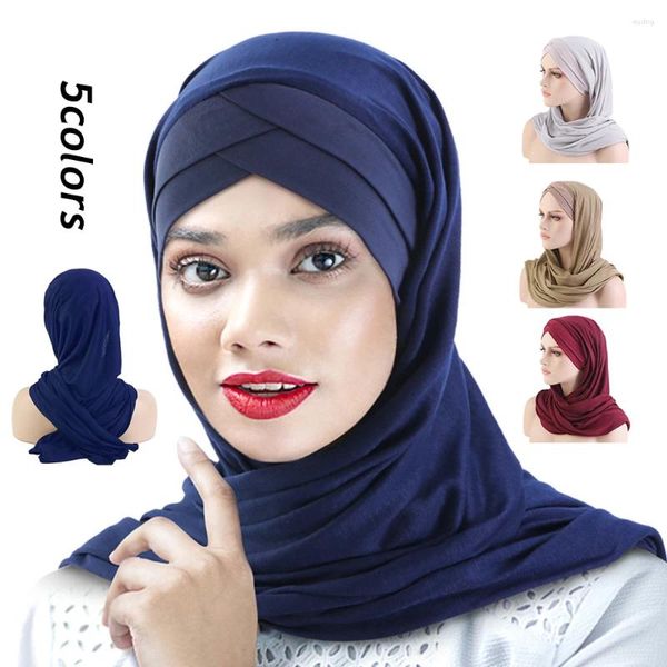 Pantalias de bufandas Cross Muslim Hijab Bufanda larga Color sólido Envoltura de cabeza completa para mujeres Capo de capó de chalario Islámico