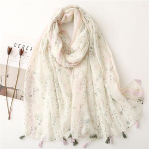 Sjaals Frisse effen voile katoenen en linnen sjaal Damessjaal met witte bloemenprint en kwastjes