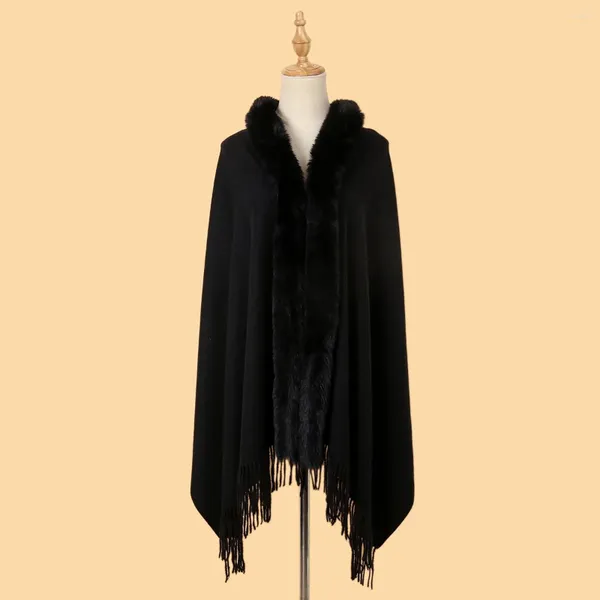 Bufandas Cuello de piel Chales de invierno Suéter de flecos de punto Ponchos Elegante Manga de murciélago Cárdigan largo Moda casual Capa de pata de gallo