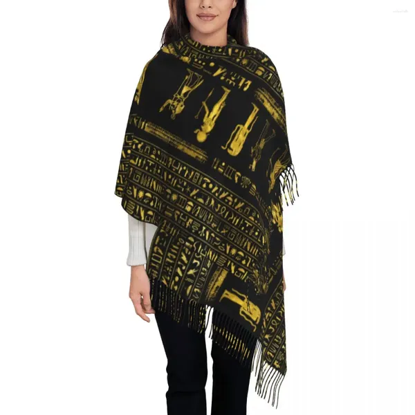 Foulards d'or égyptien dieu écharpe pour femmes hiver automne châle enveloppe ancienne egypte hiéroglyphes longue avec robe de soirée gland