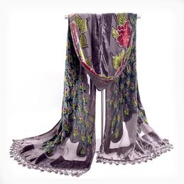 Foulards Gris À La Main Perlée Broderie Châle Écharpe Style Chinois Femmes Velours Soie Paon Fleur Wrap Glands Bufanda NP058 230928