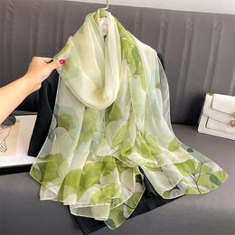 Foulards Vert Ginkgo Feuilles Étoles Femmes Été Hijab Écharpe De Luxe Impression Crème Solaire Châle Wraps Bandana Dames Tête