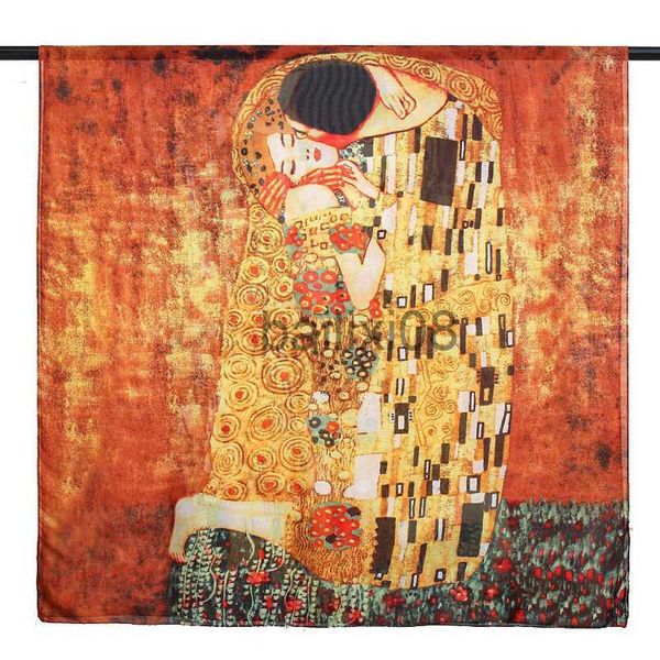 Bufandas Gustav Klimt Pintura al óleo Bufanda de seda para mujer Marca de lujo Chal de seda Diseñador Der Kuss Foulard Femme Summer Beh Cover up Nuevo J230703