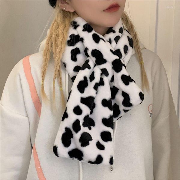 Foulards poilu mignon hiver croix écharpe étudiants épais chaud en peluche noir et blanc vache taches fille femmes cou Protection J31