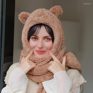 Bufandas Harajuku 3 en 1 Peluche Oso de peluche Oreja Lindo Sombrero Guantes Conjuntos de bufanda Invierno Conjunto térmico al aire libre Accesorios de ropa para mujer