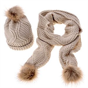 Bufandas Sombrero bufanda guantes conjunto 2 piezas de punto mezcla de lana de cachemira pompón de piel gorro de invierno y niñas