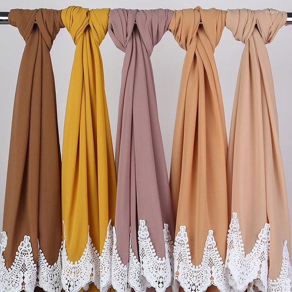 Écharpes Enveloppe en mousseline de soie épaisse à bulles de haute qualité avec dentelle brodée blanche Châles de couleur solide Bandeau Hijabs musulmans de qualité supérieure