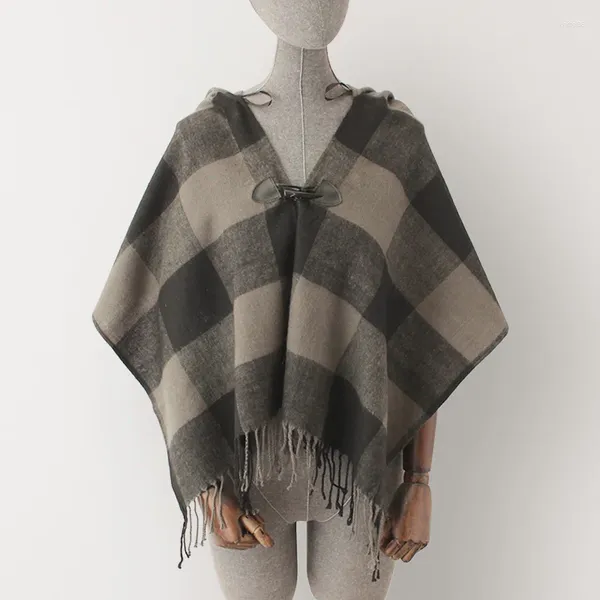 Bufandas Poncho con capucha para mujer Negro Gris Plaid Cape Shawl Winter Warm Cashmere Pashmina Bufanda con sombrero Mujer Moda Wraps