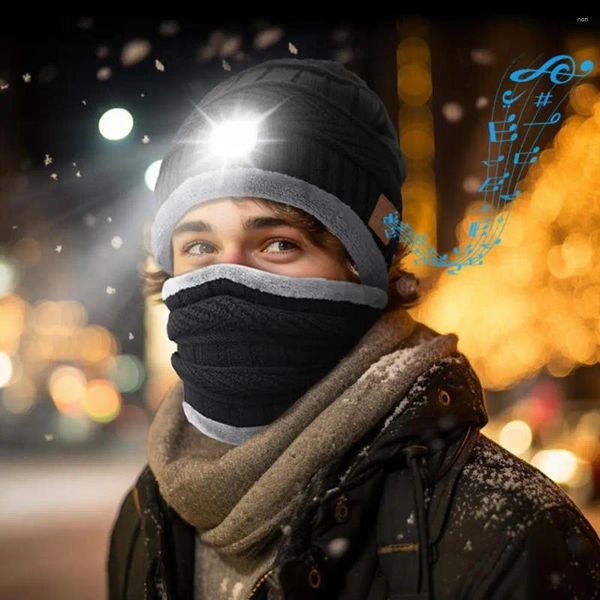 Bufandas Gorro iluminado Invierno con luces Cálido LED Auriculares Sombrero Cuello Calentador Conjunto Punto Impermeable para acampar