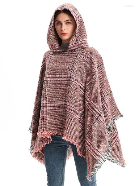 Bufandas de Cachemira de imitación, bufanda elegante para Mujer, chal grueso con borlas a cuadros de invierno, Pashmina para Mujer, Ponchos Y Capas con capucha para Mujer, Chales