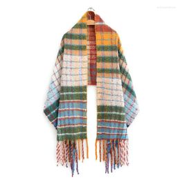 Bufandas de Mohair Rainbow Plaid moda coreana bufanda mujer invierno grueso cálido borla chal mujer Casual Knit Muffler